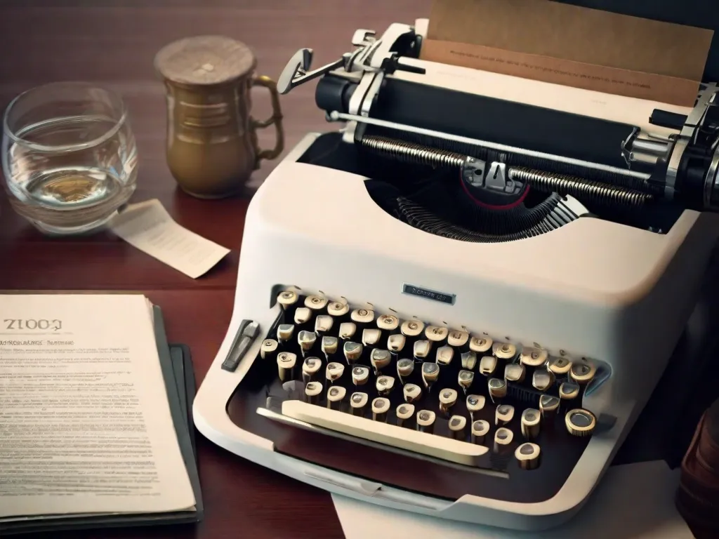 Um close-up de uma máquina de escrever com uma página em branco, simbolizando o início do processo de roteirização. A máquina de escrever está cercada por uma pilha de livros de roteiros, destacando a importância de entender a estrutura e o formato na escrita para o cinema.