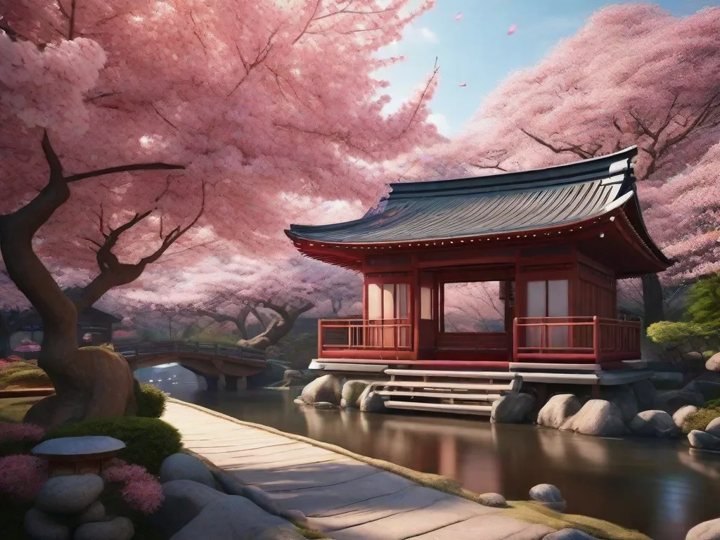 Descrição da imagem: Um sereno jardim japonês com uma pequena trilha de pedras que leva a uma tradicional casa de chá de madeira. As cerejeiras estão em plena floração, suas pétalas rosas caindo suavemente no chão. A cena tranquila evoca a essência da natureza e a inspiração por trás da poesia Haiku.