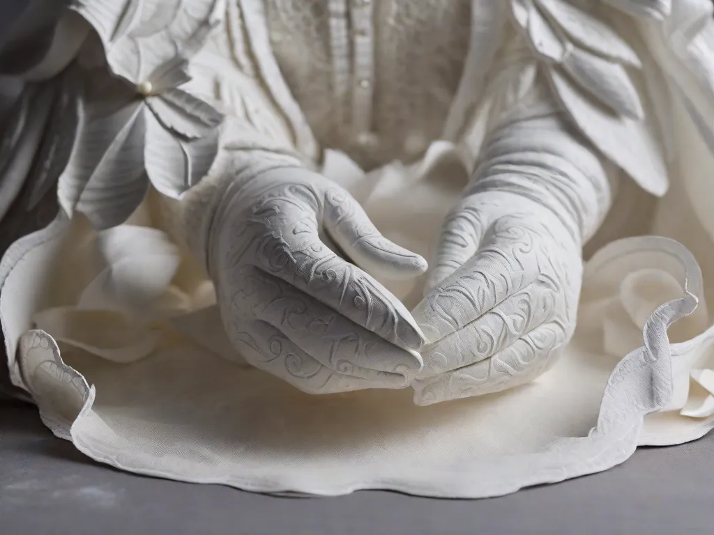 Descrição da imagem: Um par de mãos cobertas de pasta de papel machê branca, moldando delicadamente uma escultura. Os dedos do artista estão cobertos de cola enquanto eles cuidadosamente moldam as tiras de papel em detalhes intricados, criando uma obra-prima.