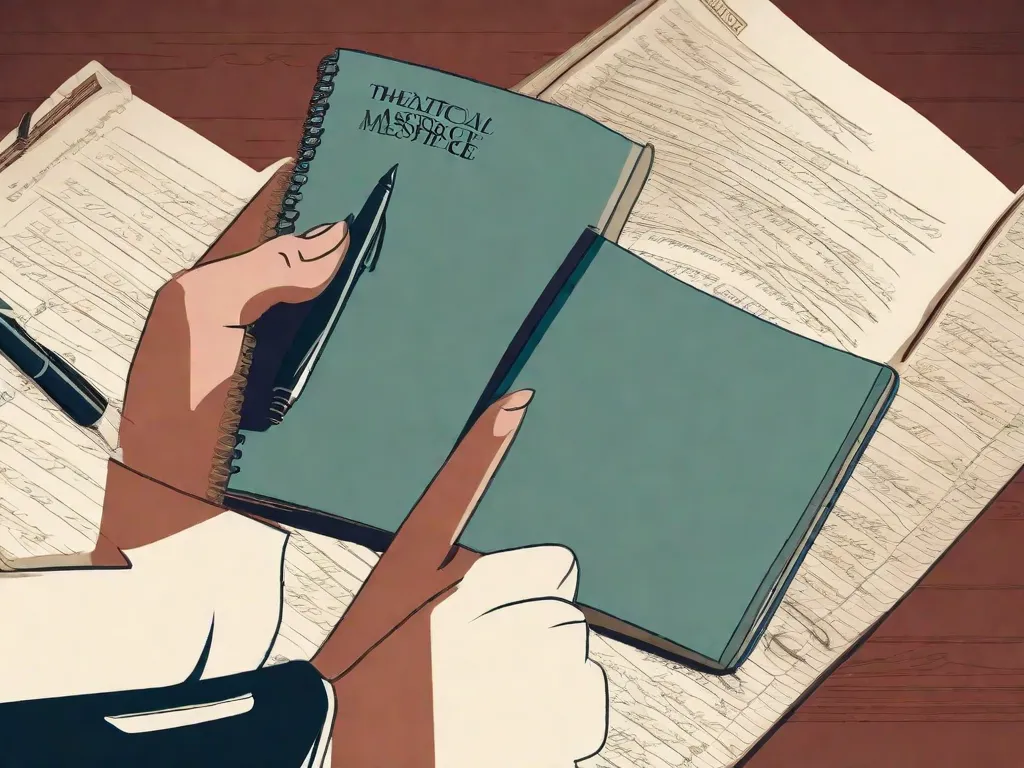 Descrição da imagem: Um close das mãos de uma pessoa segurando uma caneta e um caderno, com um roteiro intitulado 