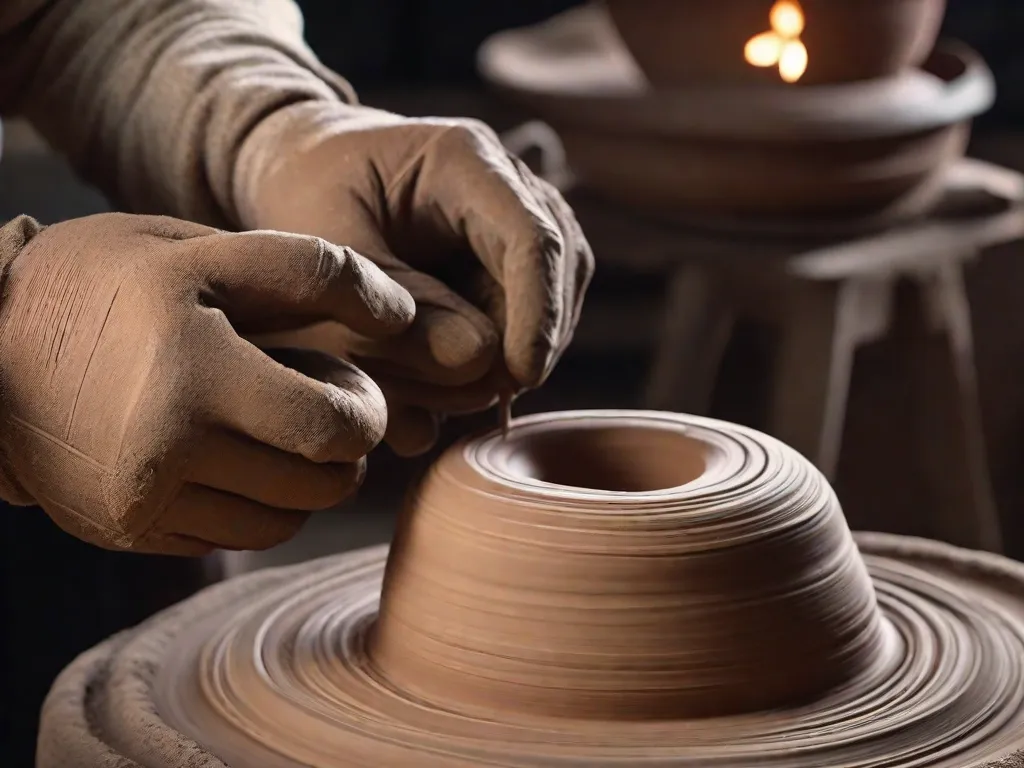 Uma imagem em close-up de um par de mãos habilidosas moldando suavemente um monte de argila em uma roda de oleiro. Os dedos do artista pressionam delicadamente a argila, criando detalhes e curvas intricadas, exibindo as técnicas essenciais usadas na escultura de argila.
