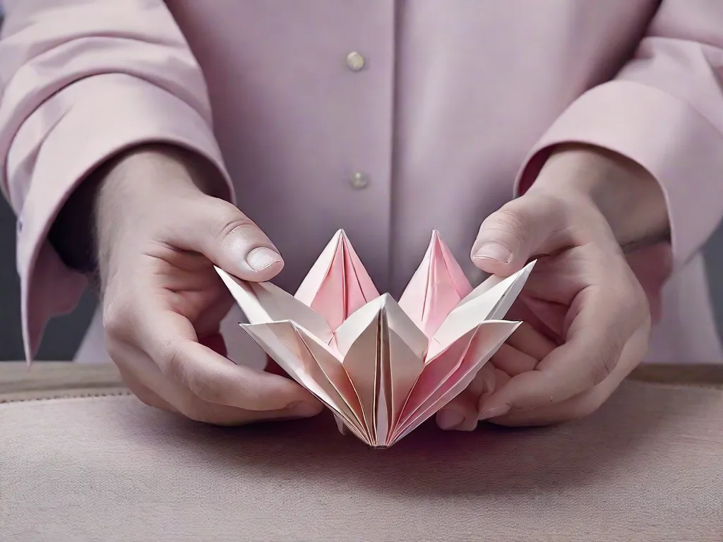 Uma imagem em close-up de um par de mãos habilidosas dobrando delicadamente um vibrante pedaço de papel de origami. As dobras intricadas criam uma bela e intricada criação de origami, mostrando a arte e a precisão envolvidas em dominar as técnicas básicas de dobradura.