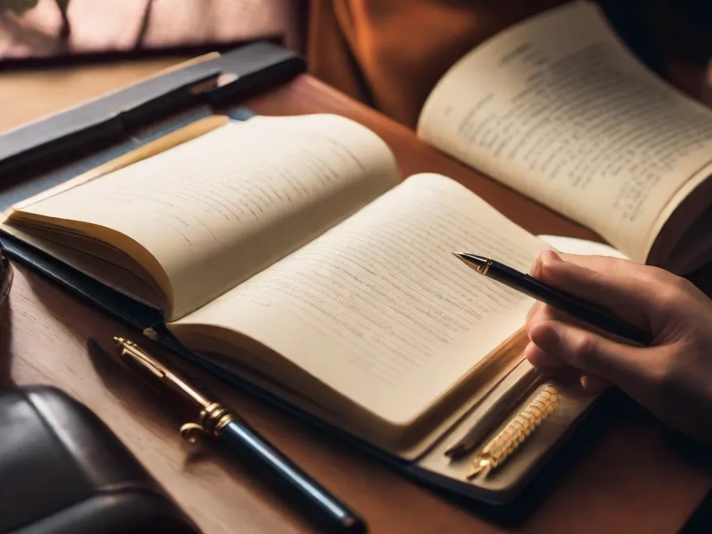 Descrição: Uma imagem em close-up das mãos de uma pessoa segurando uma caneta e um caderno, com uma pilha de livros ao fundo. A caneta está posicionada acima do caderno, pronta para escrever uma crítica literária construtiva.