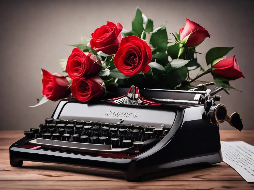 Uma fotografia em preto e branco de uma máquina de escrever antiga com uma folha de papel em branco dentro dela. As teclas estão levemente empoeiradas, sugerindo anos de uso. A imagem captura a essência da criatividade e a arte atemporal de escrever poemas de amor.