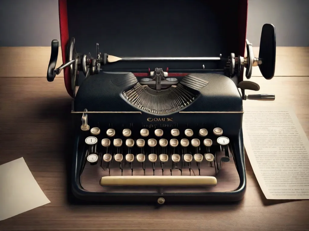 Descrição: Uma imagem em close-up de uma máquina de escrever vintage com uma folha de papel em branco inserida. As teclas da máquina de escrever estão prontas para serem pressionadas, simbolizando o início de uma autobiografia envolvente. A imagem captura a essência da narrativa e o processo de criação de uma narrativa pessoal cativante.