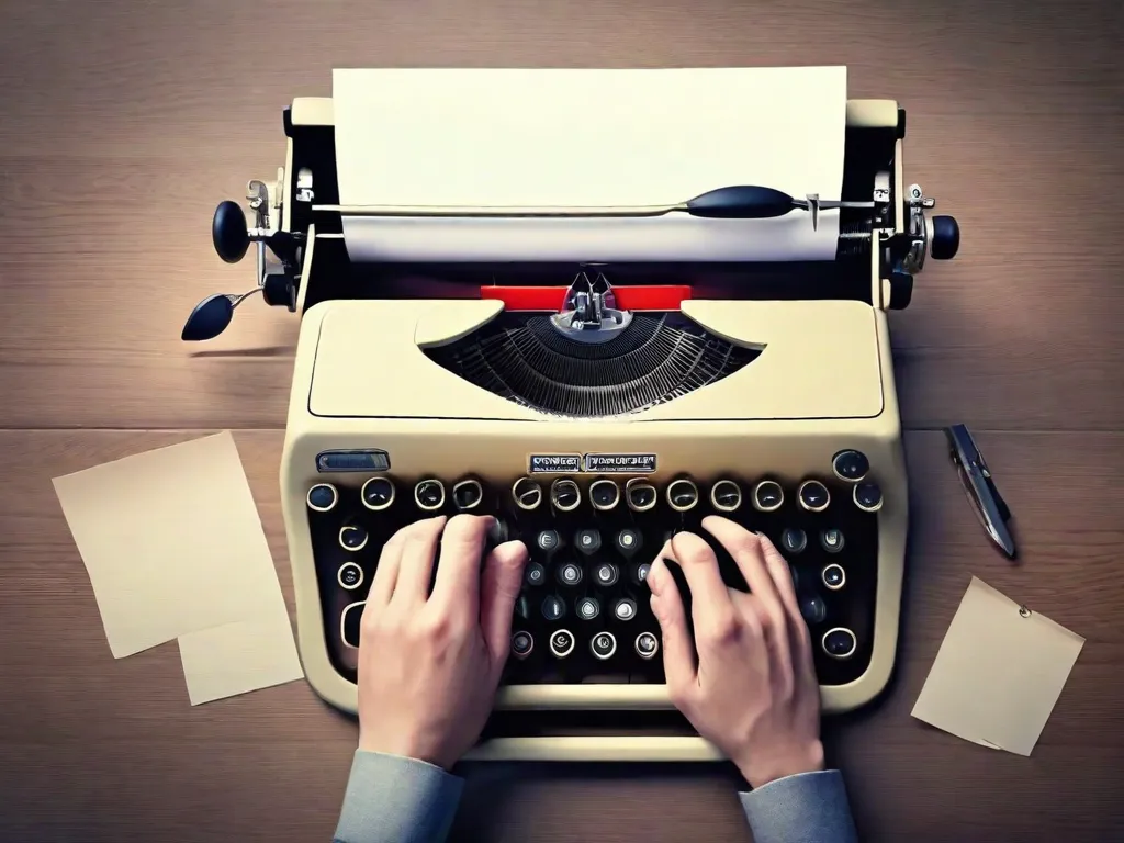 Descrição da imagem: Um close-up de uma máquina de escrever com uma folha de papel em branco inserida. As mãos de uma pessoa, posicionadas nas teclas, prontas para começar a digitar, simbolizam o processo de escrever uma peça. A imagem reflete a essência da criatividade, da narração de histórias e da arte de criar diálogos envolventes.