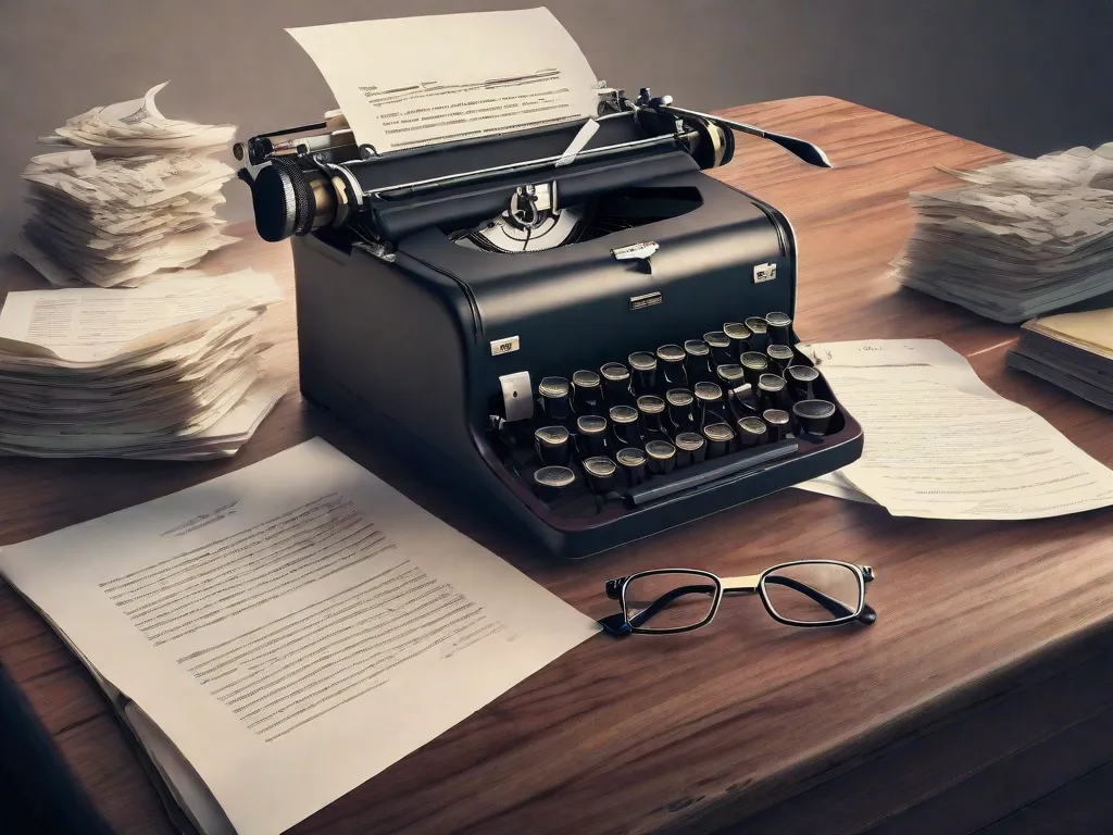 Descrição da imagem: Uma máquina de escrever com um rosto sorridente, usando um par de óculos. Suas teclas são feitas de palavras como 
