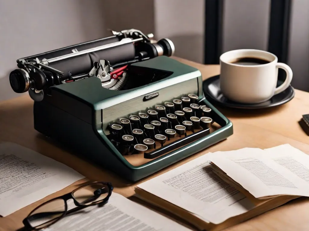 Descrição da imagem: Um close de uma máquina de escrever com uma folha em branco pronta para ser preenchida com poesia moderna. A máquina de escrever está cercada por papéis amassados espalhados e uma xícara de café, simbolizando o processo criativo e a jornada de um poeta iniciante explorando o mundo da poesia moderna.