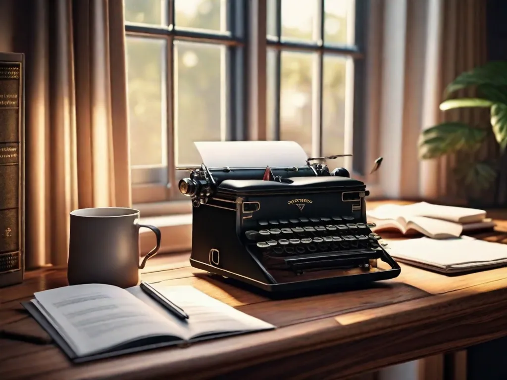 Descrição: Uma imagem em close-up de uma máquina de escrever antiga com uma folha de papel em branco inserida. A máquina de escrever está colocada sobre uma mesa de madeira, rodeada por pilhas de livros e uma xícara de café. A luz solar quente passa pela janela, criando uma atmosfera aconchegante e inspiradora para escrever.