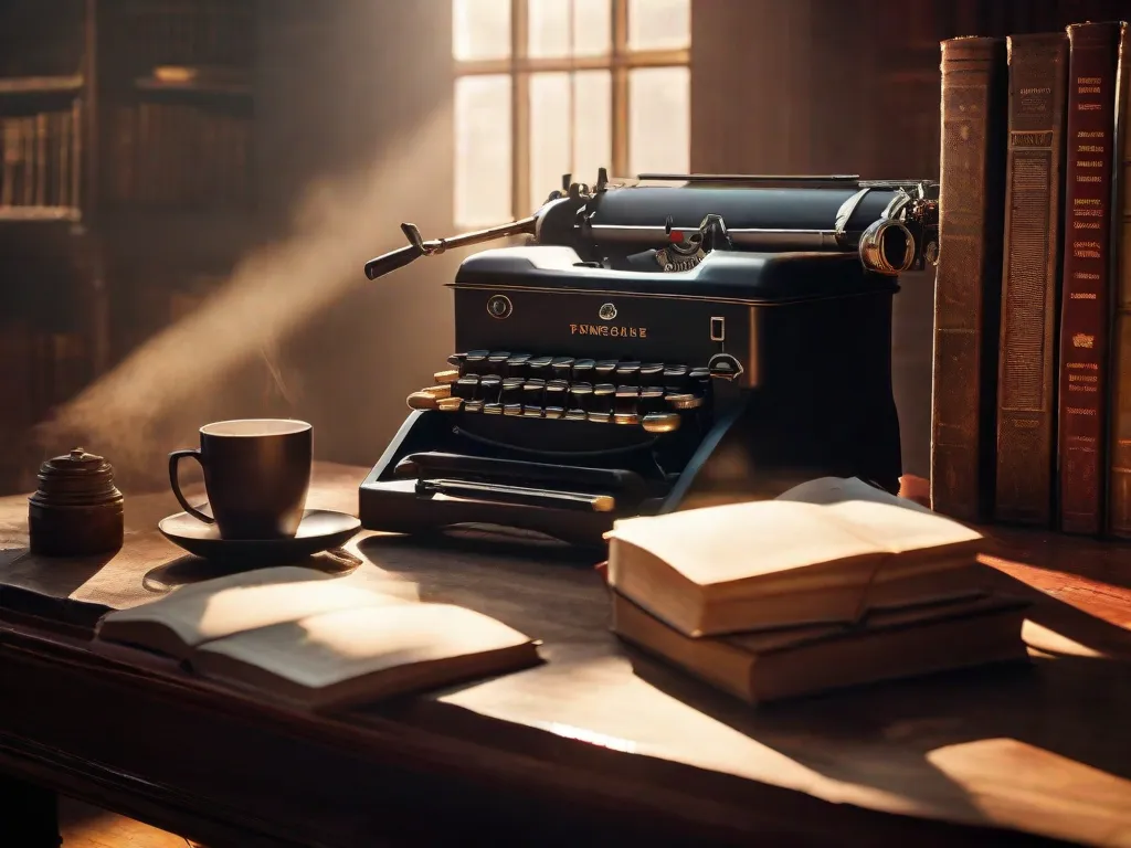 Descrição da imagem: Uma máquina de escrever antiga está sobre uma mesa de madeira, cercada por pilhas de livros antigos e uma xícara de café fumegante. Raios de sol filtram por uma janela próxima, lançando um brilho quente sobre a cena. A imagem evoca uma sensação de nostalgia e criatividade, refletindo a atmosfera e essência de escrever ficção histórica.