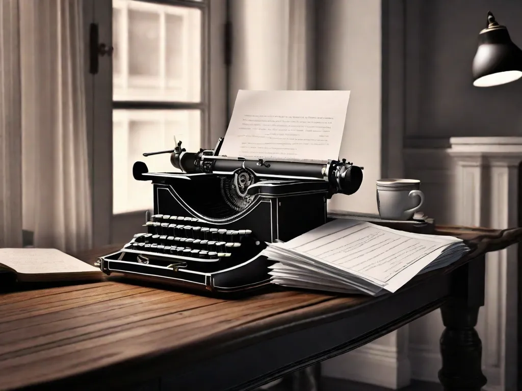 Uma imagem em preto e branco de uma máquina de escrever antiga em cima de uma mesa de madeira. Uma folha de papel está inserida na máquina de escrever, pronta para capturar as palavras sinceras de um poema de amor. A luz suave de uma luminária de mesa ilumina a cena, criando uma atmosfera de criatividade e romance.