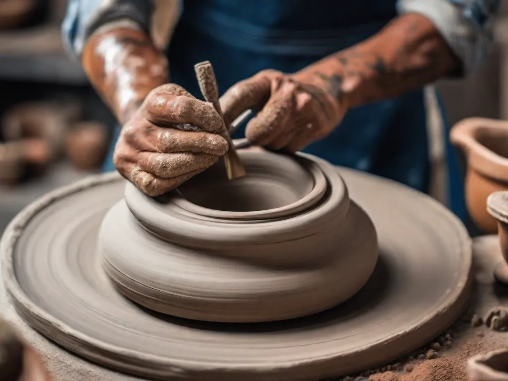 Uma imagem em close-up de um par de mãos cobertas de argila, habilmente moldando um vaso de cerâmica em uma roda de oleiro. As mãos estão pressionando e moldando suavemente a argila, criando padrões e texturas intricados. Os dedos do artista estão cobertos de pontos de argila, mostrando sua dedicação e expertise na arte da cerâmica.