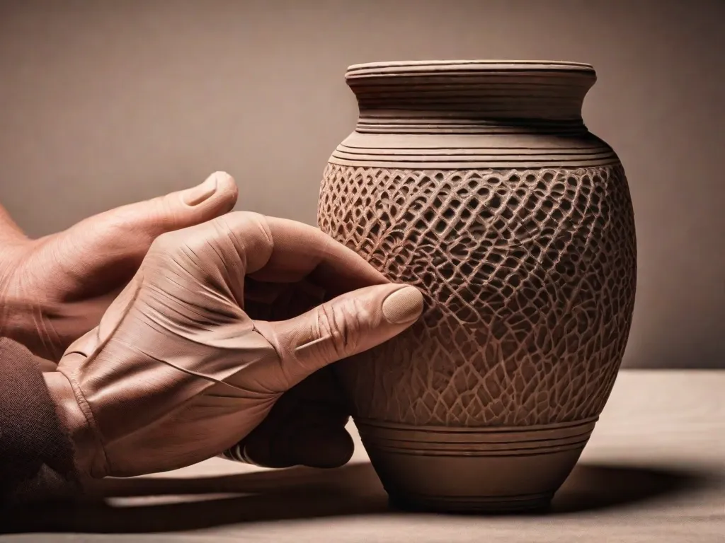 Uma imagem em close de um par de mãos cobertas de argila, habilmente moldando-a em um belo vaso de cerâmica. Os dedos pressionam e torcem delicadamente a argila, exibindo as técnicas intricadas de modelagem cerâmica. A textura da argila é visível, adicionando profundidade e autenticidade à imagem.