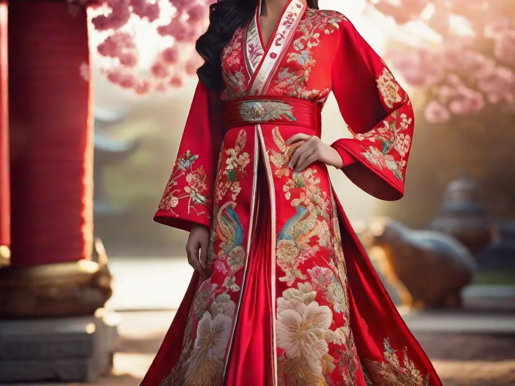 Uma imagem em close de uma modelo usando um vestido inspirado em quimono vibrante, adornado com motivos e bordados asiáticos intrincados. A fusão de elementos tradicionais asiáticos com a moda moderna destaca a influência da arte asiática nas tendências da moda atual.