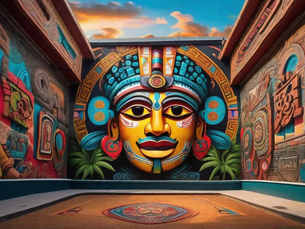 Descrição da imagem: Um mural vibrante e intricado pintado em uma parede da cidade, mostrando uma fusão de símbolos maias e estilos de arte contemporânea. O mural retrata uma combinação de padrões geométricos, cores vibrantes e deidades maias, simbolizando a influência da cultura maia na arte contemporânea.