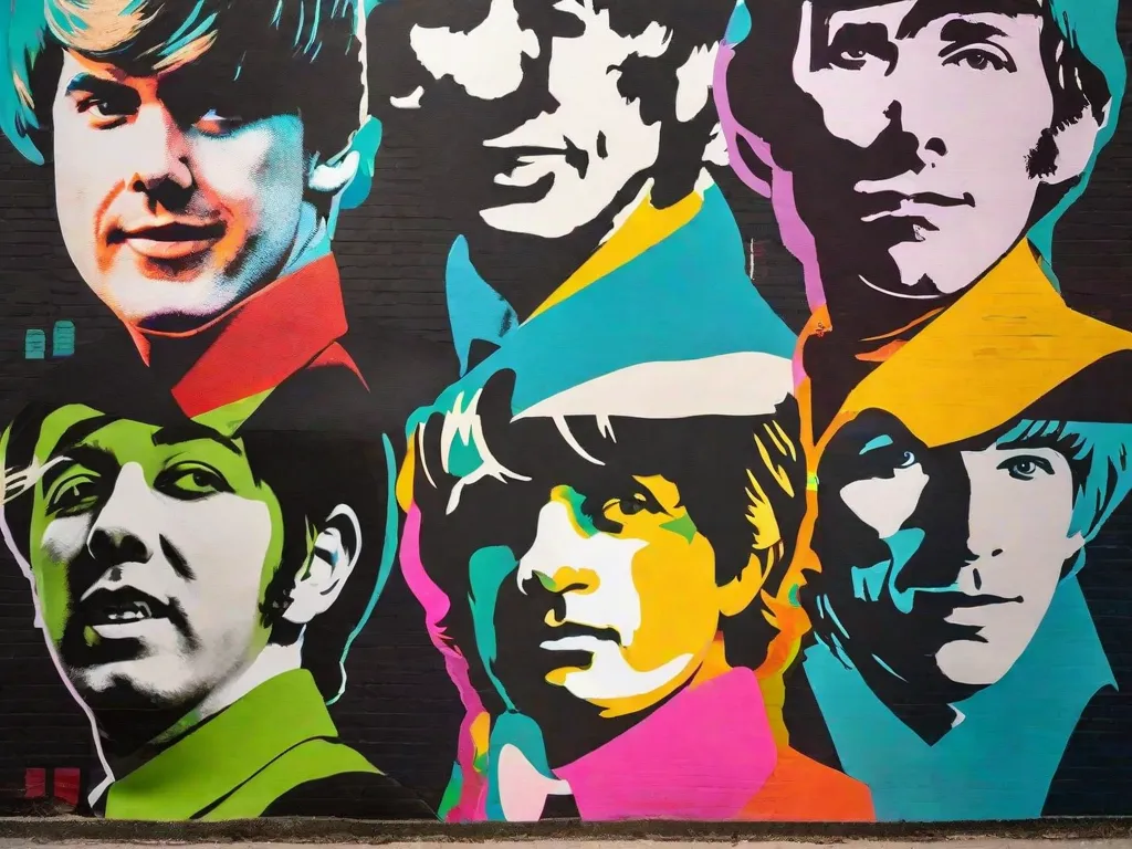 A imagem mostra um mural vibrante e colorido, inspirado na cultura pop dos anos 60. Com referências a ícones como Andy Warhol e os Beatles, a arte contemporânea absorve elementos do movimento pop, incorporando cores vivas, colagens e imagens icônicas da época para criar uma estética única e impactante.