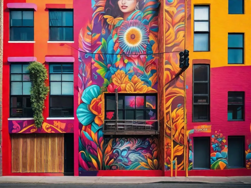 Um mural vibrante adorna o lado de um prédio, exibindo a criatividade e habilidade da arte de rua. Cores audaciosas e detalhes intrincados dão vida à obra de arte, enquanto pedestres param para admirar as formas expressivas e apreciar o impacto cultural dessa forma de arte urbana.