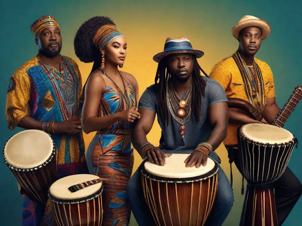 Uma imagem vibrante de um grupo de músicos tocando uma fusão de instrumentos tradicionais africanos, como tambores djembe e kora, junto com instrumentos modernos como guitarras e teclados. Os ritmos pulsantes e melodias emotivas simbolizam a poderosa influência da cultura africana na evolução da música moderna.