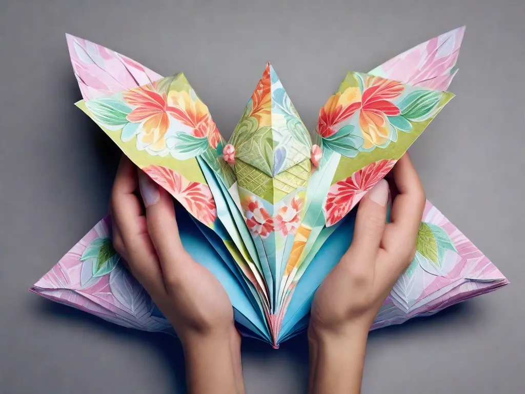 Uma imagem em close-up de um par de mãos dobrando delicadamente um vibrante pedaço de papel origami. As dobras intricadas criam uma forma de origami bonita e complexa, mostrando a arte e a precisão necessárias para essa tradicional arte japonesa.