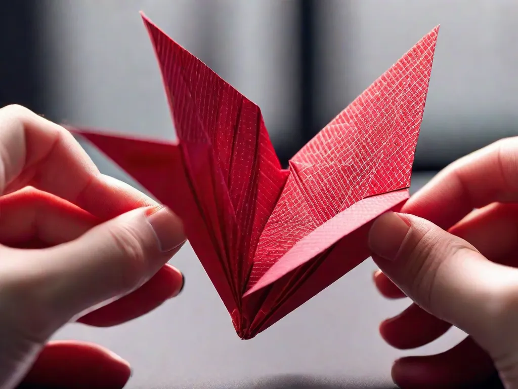Uma imagem em close-up de um par de mãos habilidosas dobrando delicadamente um vibrante pedaço de papel de origami. As dobras intricadas criam uma bela e intricada criação de origami, mostrando a arte e a precisão envolvidas em dominar as técnicas básicas de dobradura.