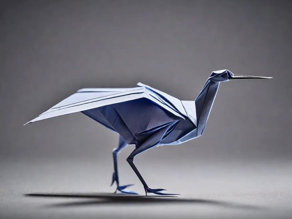 Uma imagem em close-up de uma delicada ave de origami, com suas dobras intricadas e ângulos afiados destacados em um fundo liso. A ave de papel fica em pé, simbolizando a beleza e a simplicidade das dobras básicas do origami.