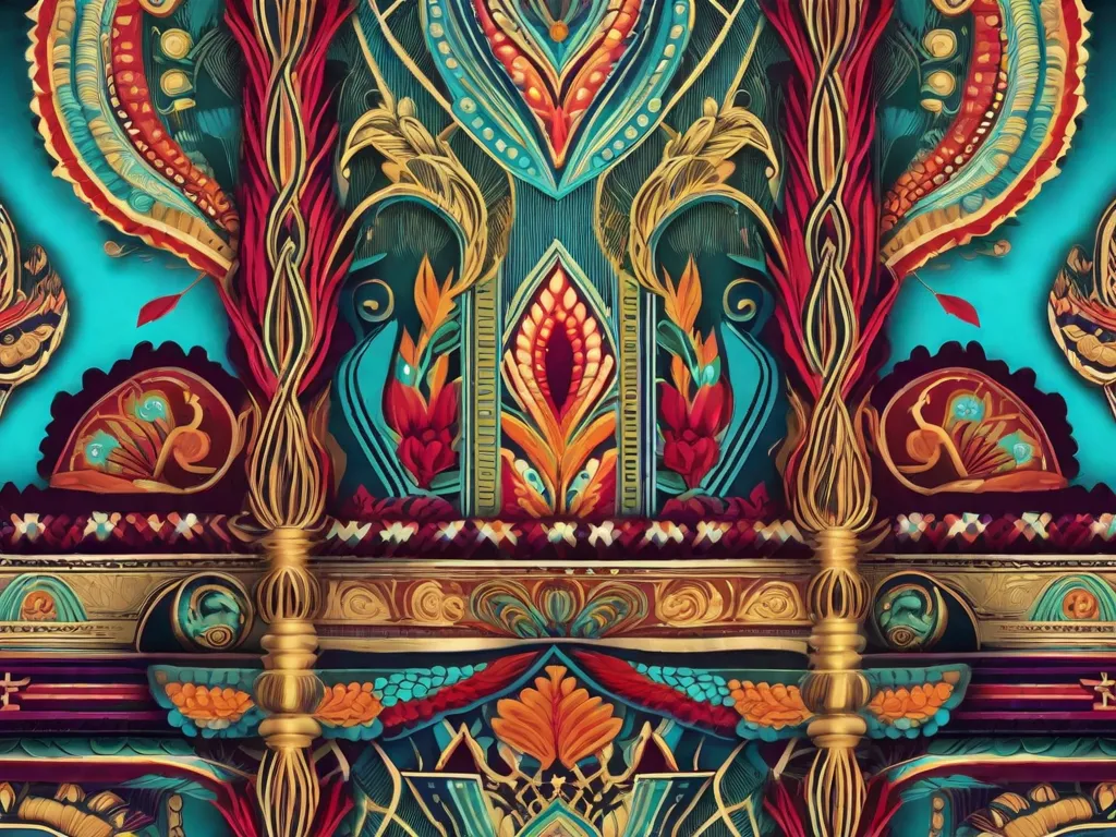 Uma imagem em close-up de um vibrante padrão têxtil criado com técnicas de tecelagem intricadas. O padrão exibe uma combinação fascinante de cores e texturas, demonstrando a complexidade e habilidade necessárias para criar designs tão intrincados na arte têxtil.