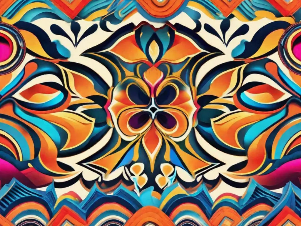 Descrição: Uma imagem em close-up de um padrão têxtil vibrante e intrincado, exibindo um design dinâmico e fluido. O padrão é composto por várias formas geométricas e linhas sinuosas em cores vivas, criando uma composição visualmente cativante e energética.