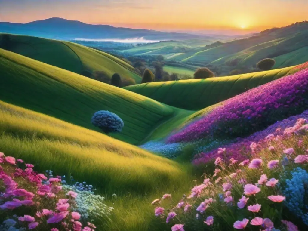 Descrição: Uma imagem que retrata uma paisagem serena e pitoresca, com colinas suaves, um céu azul claro e flores vibrantes em plena floração. A imagem captura a essência de um poema lírico, evocando emoções e uma sensação de tranquilidade através de sua beleza e harmonia.
