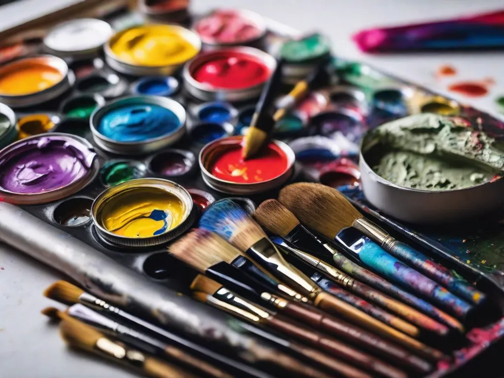 Descrição: Uma imagem em close-up de uma paleta de um artista cheia de cores vibrantes, mostrando vários tubos de tinta acrílica, pincéis e uma bandeja de mistura. A mão do artista pode ser vista segurando um pincel, pronto para criar arte abstrata em uma tela.