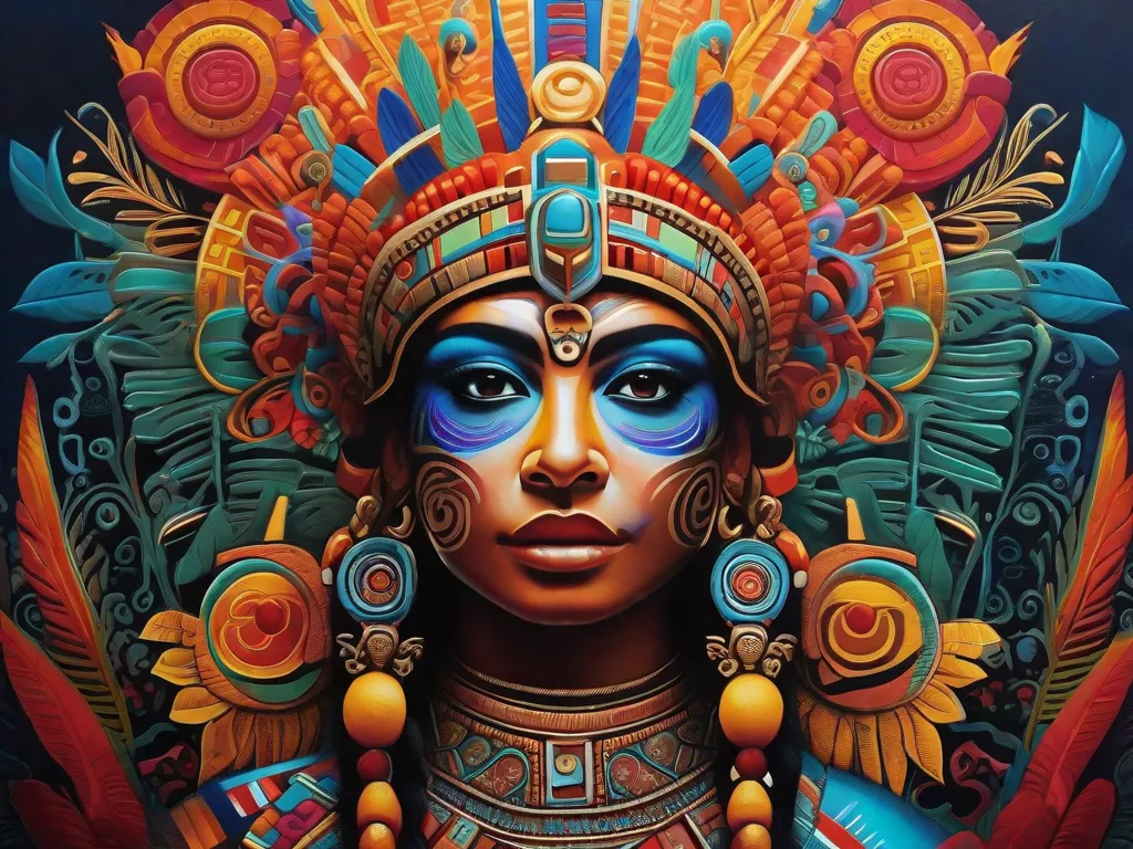 Descrição: Uma pintura abstrata que retrata cores vibrantes e padrões intricados inspirados na cultura Maia. A obra de arte mostra uma fusão de símbolos tradicionais maias e técnicas artísticas contemporâneas, simbolizando a influência da cultura maia na arte moderna.