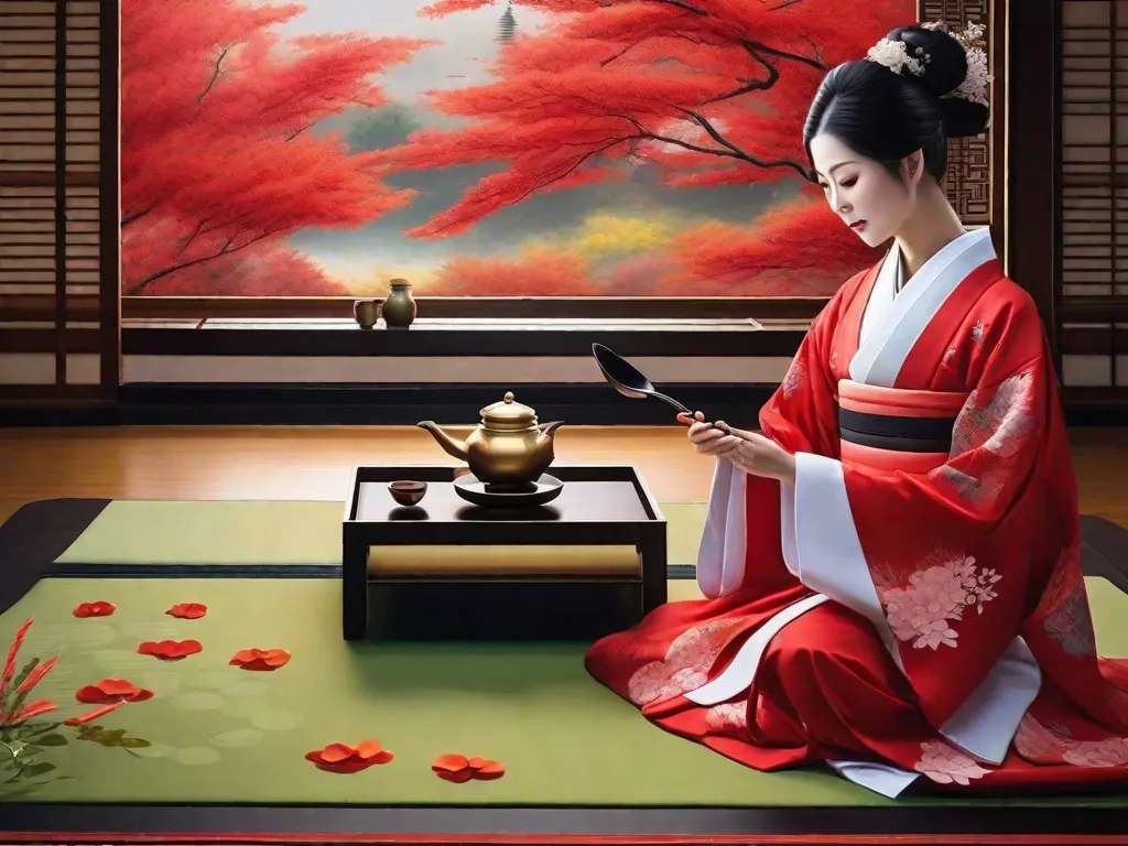 Descrição: Uma pintura vibrante e contemporânea que retrata uma tradicional cerimônia do chá japonesa. A obra de arte mostra a fusão da cultura japonesa tradicional com as técnicas artísticas modernas, capturando a elegância e a graça da cerimônia ao mesmo tempo em que incorpora elementos abstratos que simbolizam a natureza dinâmica da arte japonesa na era moderna.