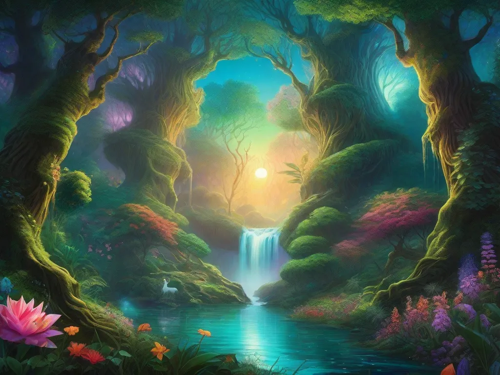 Descrição: Uma pintura vibrante e surreal de uma floresta mística emerge na tela. Árvores altas com galhos retorcidos se estendem em direção a uma lua brilhante, lançando uma luz etérea sobre a exuberante vegetação abaixo. Criaturas mágicas, como unicórnios e fadas, brincam entre as flores vibrantes e as cachoeiras cintilantes, criando