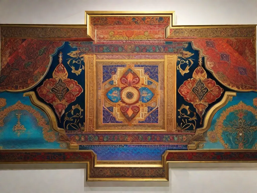 Descrição: Uma imagem que mostra a fusão da arte persa e moderna, com cores vibrantes e padrões intricados. Ela retrata uma tela pintada com uma combinação de motivos tradicionais persas, caligrafia e elementos contemporâneos, simbolizando as ricas influências culturais que moldam as expressões artísticas modernas.