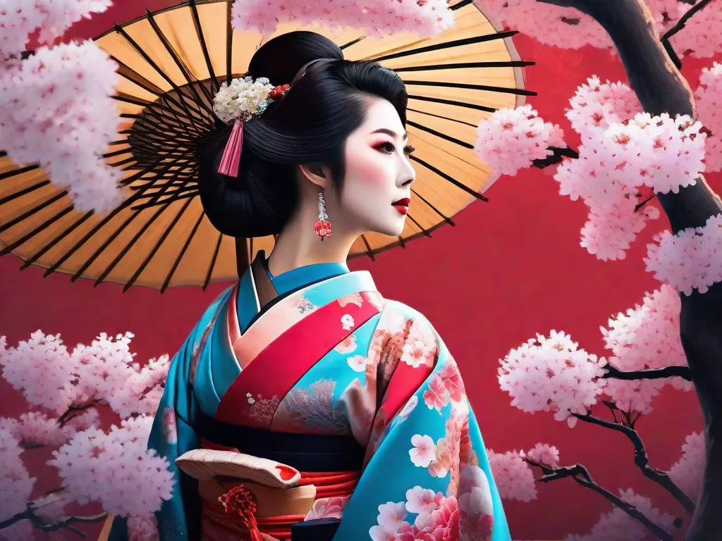 Descrição: Uma pintura vibrante e contemporânea retratando uma tradicional geisha japonesa adornada em um kimono colorido, cercada por árvores de cerejeira em plena floração. A fusão de elementos tradicionais com técnicas artísticas modernas simboliza a integração perfeita da cultura japonesa na cena da arte moderna.