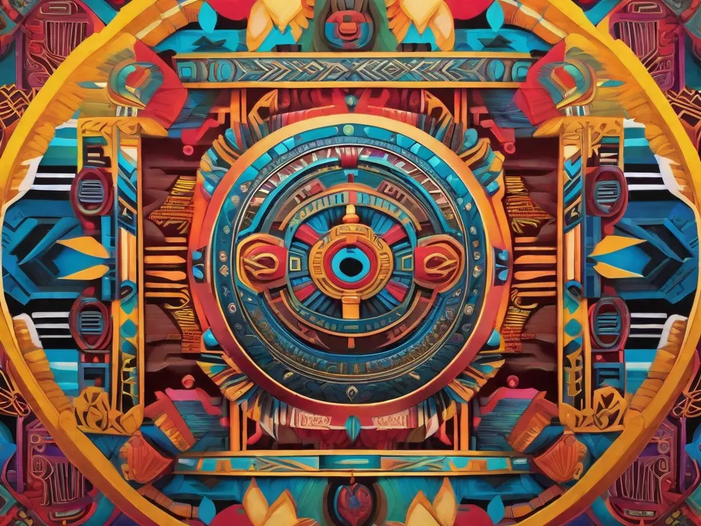 Descrição: Uma pintura abstrata inspirada na cultura maia, apresentando cores vibrantes e padrões geométricos intricados. A obra de arte mostra a fusão de símbolos tradicionais maias e técnicas artísticas modernas, simbolizando a influência da cultura maia na arte contemporânea.