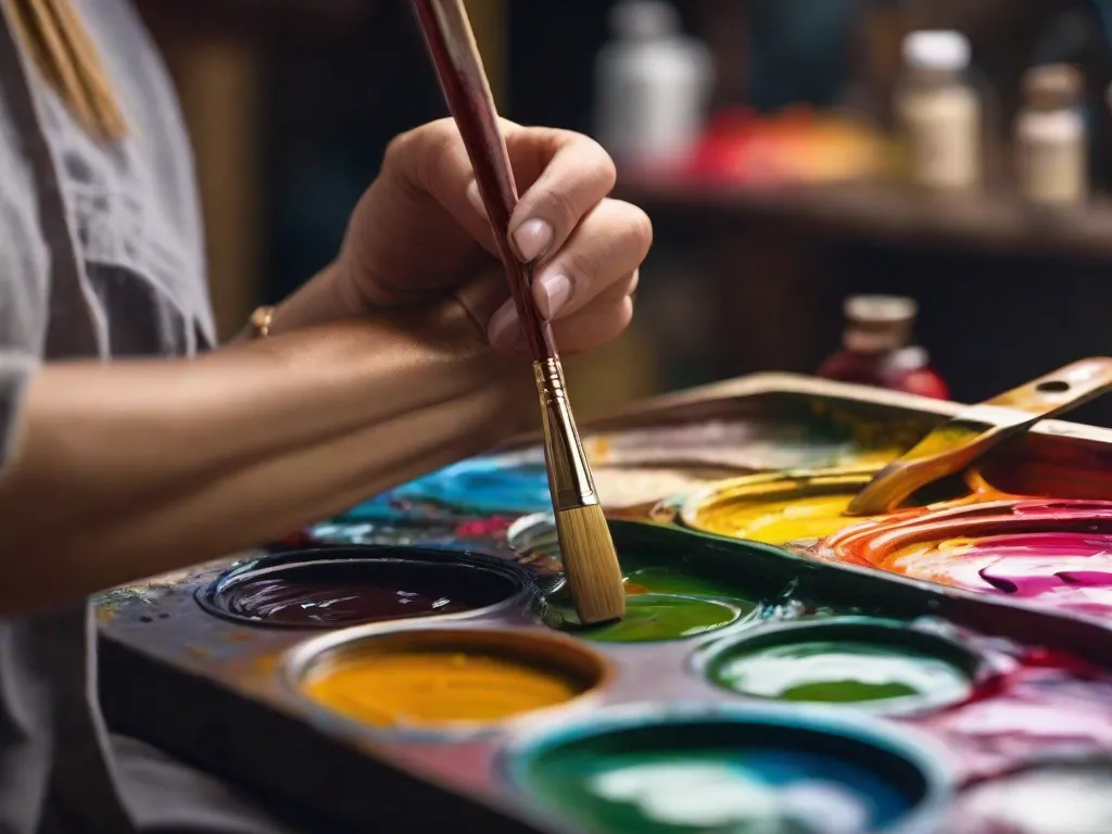 Uma imagem em close-up da mão de um artista segurando um pincel, aplicando delicadamente pinceladas vibrantes de tinta a óleo em uma tela. A paleta colorida de tintas e a expressão concentrada do artista capturam a essência de aprender técnicas de pintura a óleo para iniciantes.
