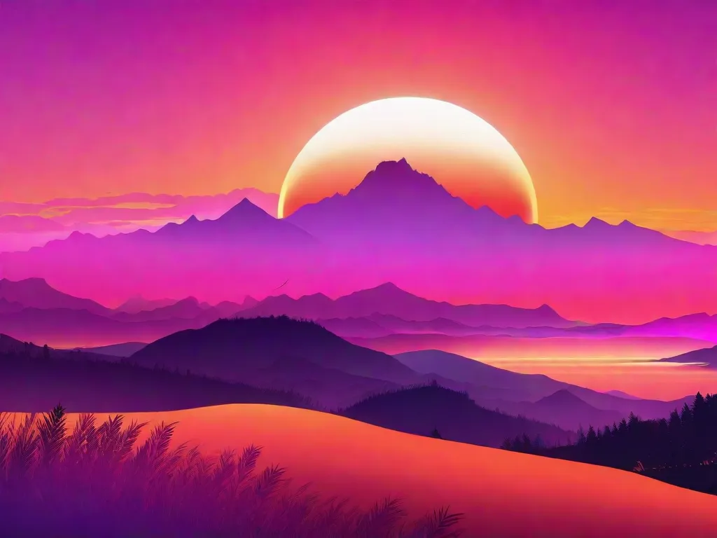 Descrição da imagem: Um pôr do sol vibrante pinta o céu com tons de laranja, rosa e roxo. O sol, parecendo uma bola dourada, desce atrás de uma silhueta de uma cadeia de montanhas. Os raios de luz se espalham pelo céu, criando uma cena deslumbrante que simboliza a beleza e a profundidade das metáforas ef