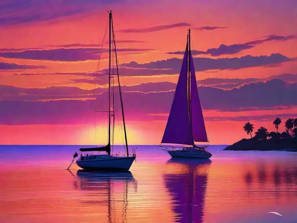 Descrição: Um pôr do sol vibrante sobre uma praia tranquila, com tons de laranja, rosa e roxo refletindo nas águas calmas. A silhueta de um veleiro solitário pode ser vista ao longe, adicionando uma sensação de serenidade à pitoresca paisagem marítima.