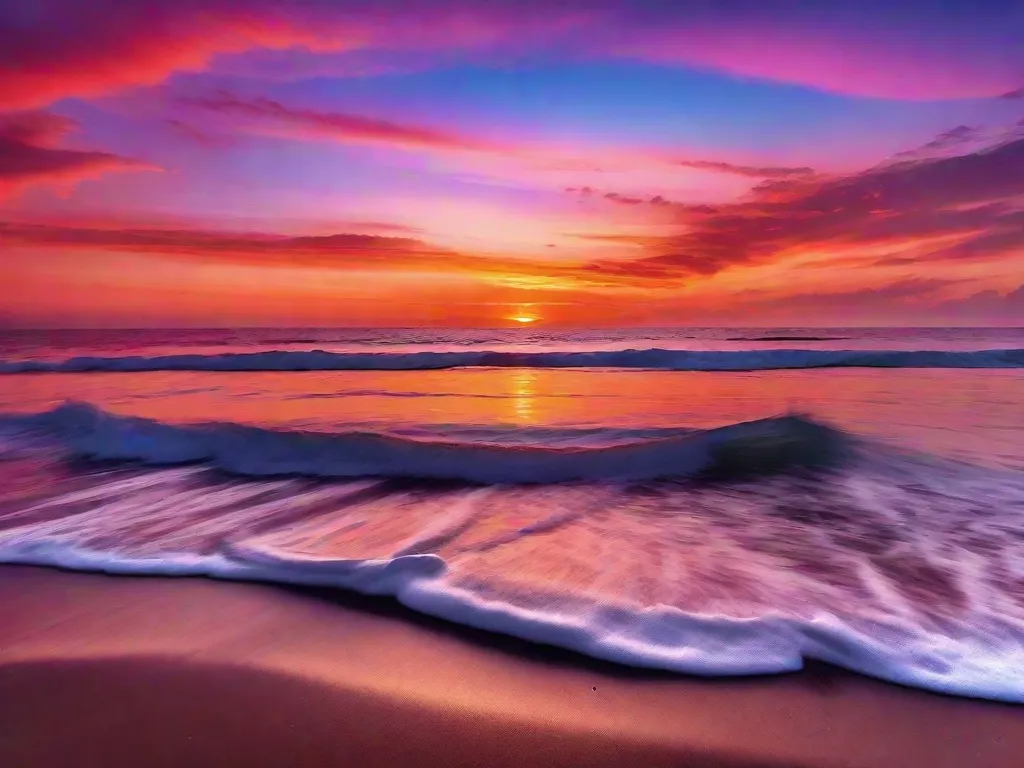 Descrição: Um pôr do sol vibrante sobre uma praia serena, com tons de laranja, rosa e roxo pintando o céu. As cores quentes evocam uma sensação de tranquilidade e alegria, enquanto as tonalidades contrastantes criam uma sensação de admiração e maravilha. A imagem captura o poder das cores na fotografia para transmitir emoções e criar uma experiência visual cativante.