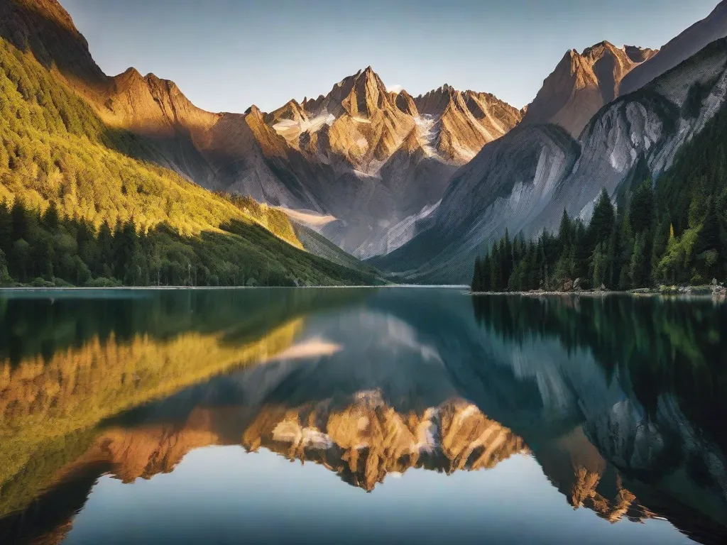 Descrição: Uma imagem que mostra o uso da simetria em composições fotográficas. A fotografia captura um reflexo impressionante de uma majestosa cadeia de montanhas na superfície calma de um lago intocado. A alinhamento simétrico das montanhas e seu reflexo cria uma composição harmoniosa e visualmente marcante.