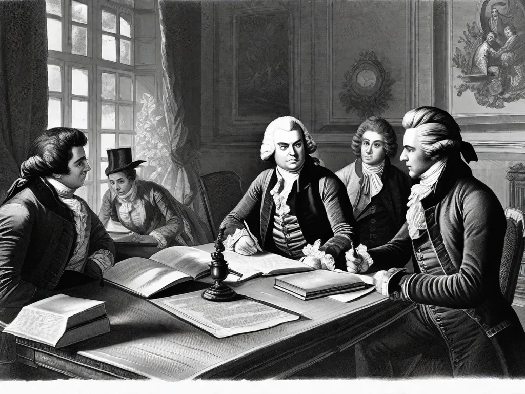 Descrição da imagem: Uma ilustração em preto e branco de um grupo de escritores sentados ao redor de uma mesa, envolvidos em discussões intensas. Eles estão vestidos com roupas do século XVIII, com penas e tinteiro espalhados sobre a mesa. A atmosfera está repleta de fervor intelectual, refletindo o impacto da Revolução Francesa na literatura