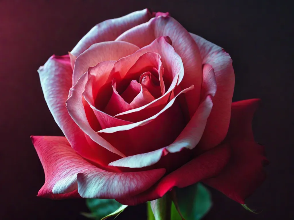 Descrição da imagem: Um close de uma rosa vermelha vibrante em um fundo escuro. As pétalas estão lindamente iluminadas, mostrando a intensidade e paixão associadas à cor vermelha. Os tons ricos evocam um sentimento de amor, desejo e emoção, capturando perfeitamente o poder emocional das cores na fotografia.