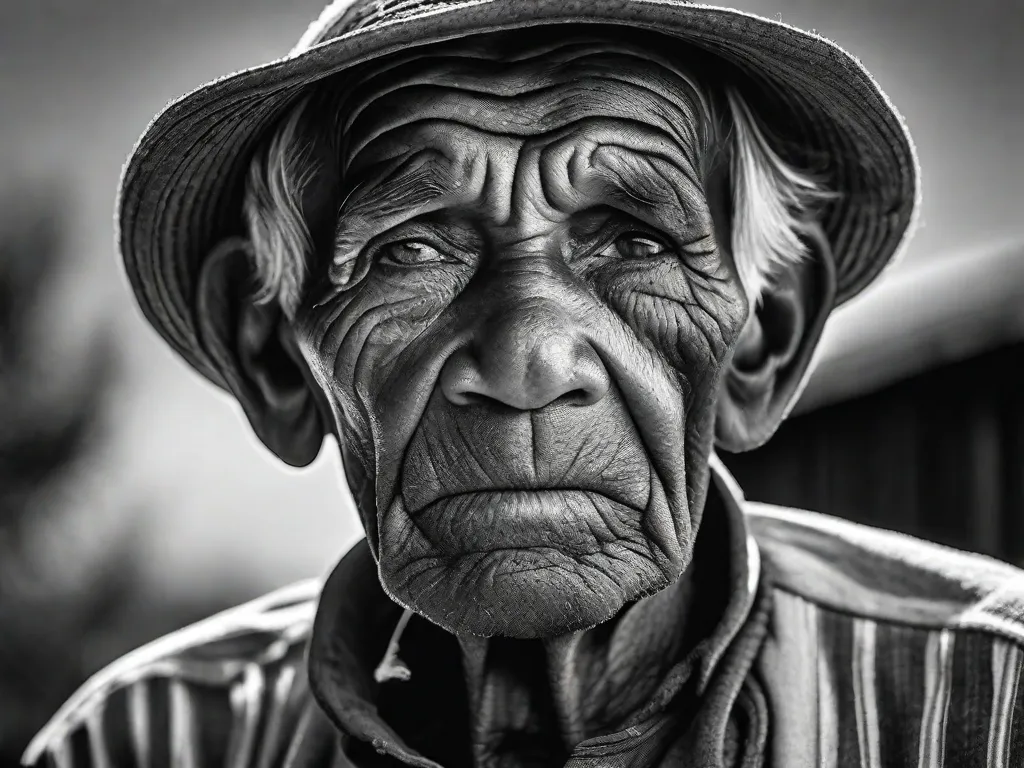 Uma imagem em preto e branco de close-up de um rosto envelhecido, com rugas profundas e olhos expressivos, capturando as dificuldades e a resiliência de um idoso agricultor. A imagem retrata as emoções cruas e conta uma história poderosa de dedicação, luta e do espírito humano.