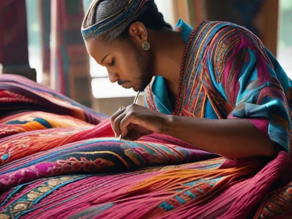 Uma imagem de uma vibrante obra de arte têxtil mostrando padrões intricados criados através de várias técnicas têxteis, como bordado, patchwork e tecelagem. As cores e texturas se misturam harmoniosamente, exibindo a maestria do artista em criar designs complexos e visualmente cativantes na arte têxtil.