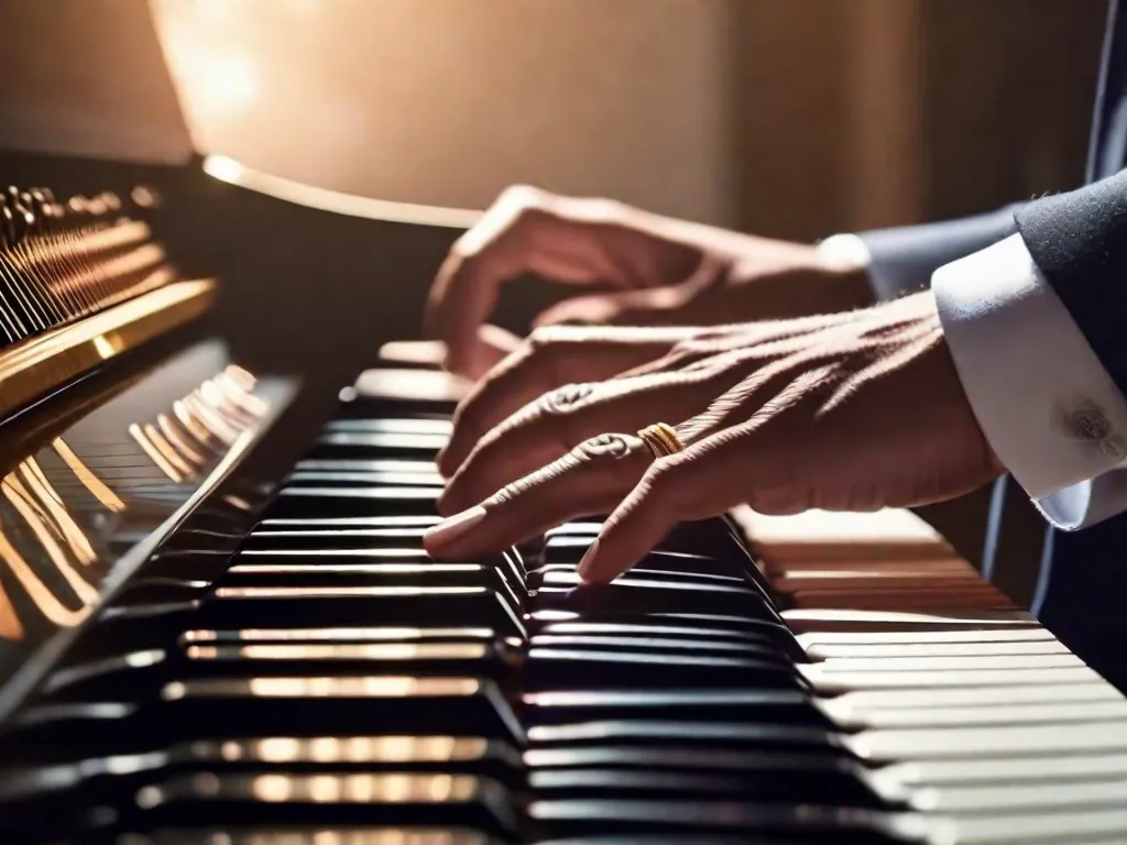 Descrição: Uma imagem em close-up de um teclado de piano, com as mãos de um músico tocando suavemente as teclas. A imagem captura a essência de criar harmonia em composições musicais, à medida que os dedos se movem sem esforço pelas teclas, produzindo uma bela mistura de notas e acordes.