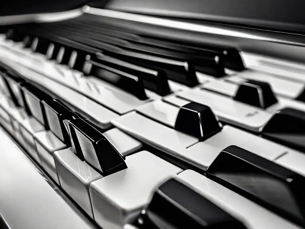 Descrição: Uma imagem em close-up de um teclado de piano, com as mãos de um músico tocando suavemente as teclas. A imagem captura a essência de criar harmonia em composições musicais, à medida que os dedos se movem sem esforço pelas teclas, produzindo uma bela mistura de notas e acordes.