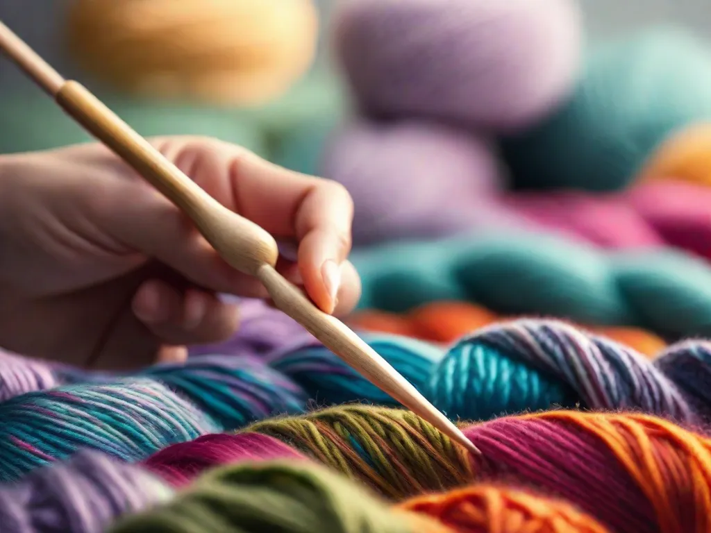 Descrição da imagem: Um close-up de um par de mãos segurando agulhas de tricô, com uma bola de fio colorido ao fundo. As agulhas estão criando uma fileira ordenada de pontos, mostrando a arte do tricô. Essa imagem representa o tema 