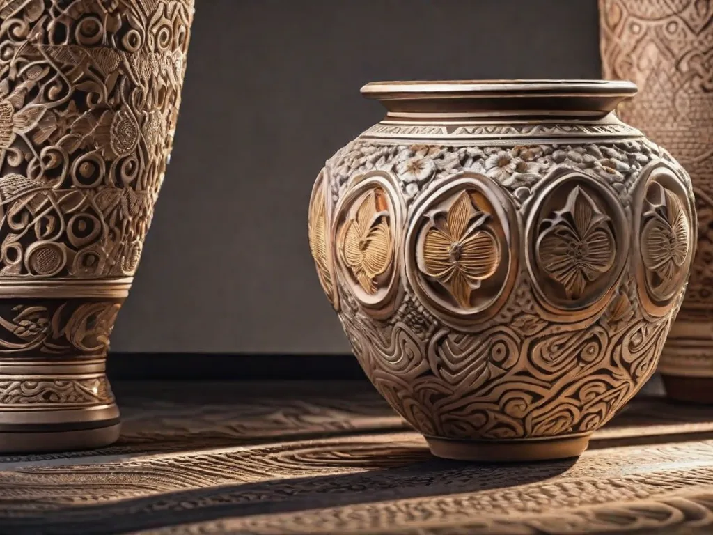 Descrição: Uma imagem em close-up de um vaso de cerâmica com uma bela textura criada através de diversas técnicas. A superfície do vaso exibe padrões intricados e camadas, refletindo a habilidade artesanal envolvida na criação de texturas únicas em cerâmica.